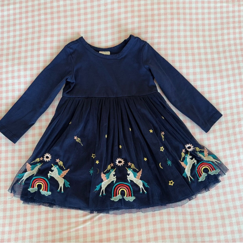 Hanna Andersson Navy Blue Dress with Unicorn and Rainbow Embroidery